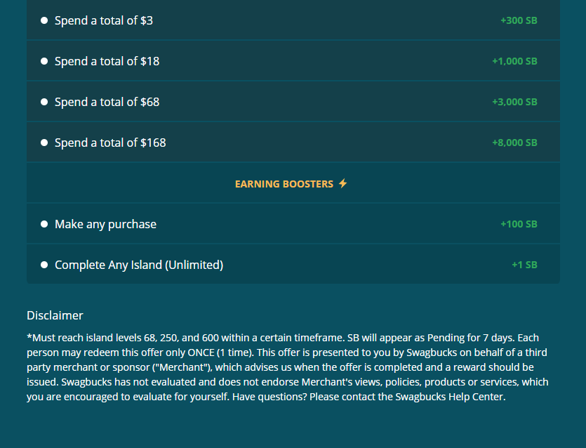 Swagbucks island reward breakdown